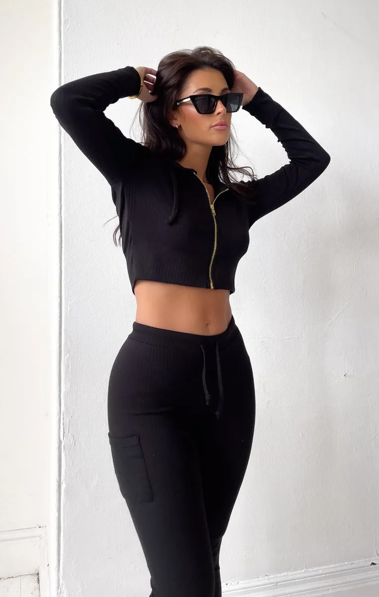 Black Ribbed Zip Front Hoodie & Joggers Two Piece Set - Callie sold by Femme Luxe product image thumbnail 4