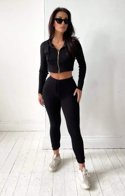 Black Ribbed Zip Front Hoodie & Joggers Two Piece Set - Callie made by Femme Luxe