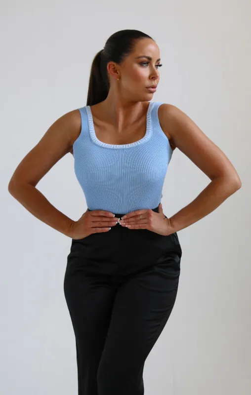 Sky Blue Pattern Neckline Detail Ribbed Top - Nessa sold by Femme Luxe