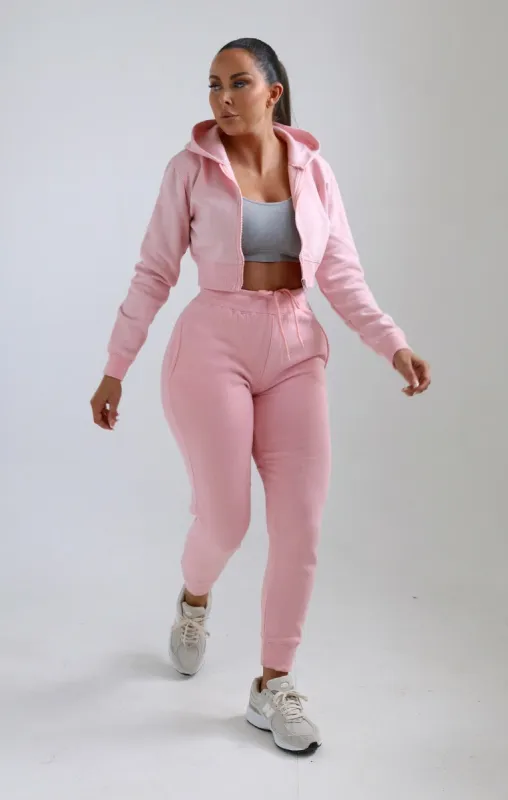 Pink Zip Up Crop Hoodie & Joggers Loungewear Set - Nell made by Femme Luxe