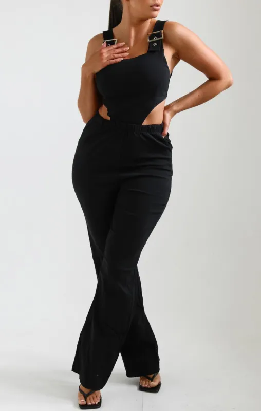 Black Buckle Strap Cut Out Jumpsuit - Geena sold by Femme Luxe