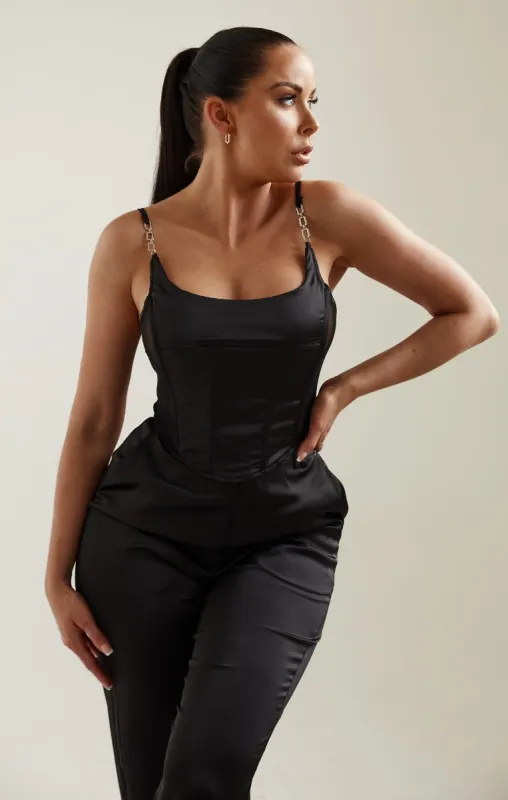 Black Satin Chain Detail Corset Top - Shay sold by Femme Luxe