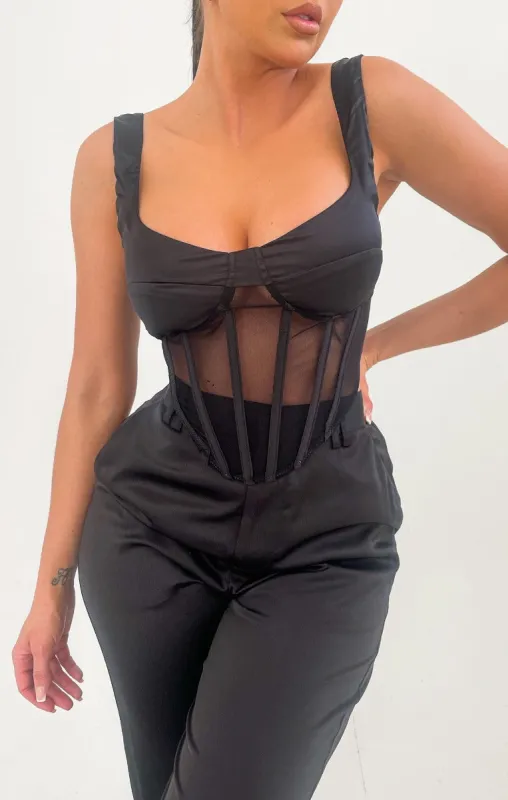 Black Satin Strappy Cup Detail Mesh Boned Corset Top - Sabella sold by Femme Luxe