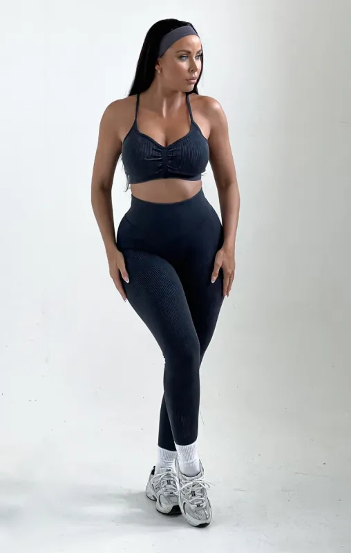 Charcoal Ribbed Strappy Sports Bra And Leggings Activewear Set - Rizzo sold by Femme Luxe