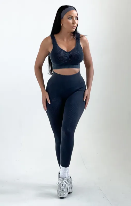 Charcoal Ribbed Detail Crop Top And Leggings Activewear Set - Retta sold by Femme Luxe