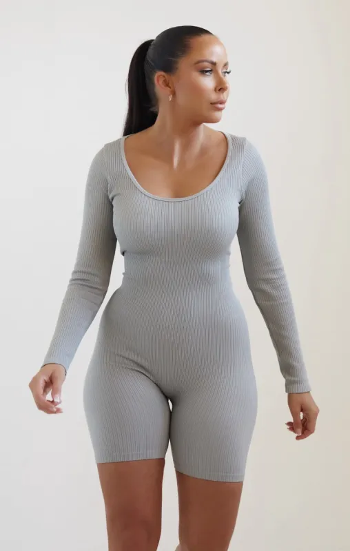 Light Grey Long Sleeve Plunge Fitted Unitard - Rahma sold by Femme Luxe