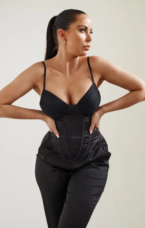 Black Satin Cup Detail Boned Corset Top - Yuri sold by Femme Luxe
