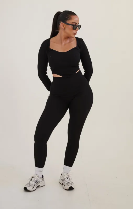 Black Ribbed Long Sleeve Crop Top And Leggings Activewear Set - Simone sold by Femme Luxe