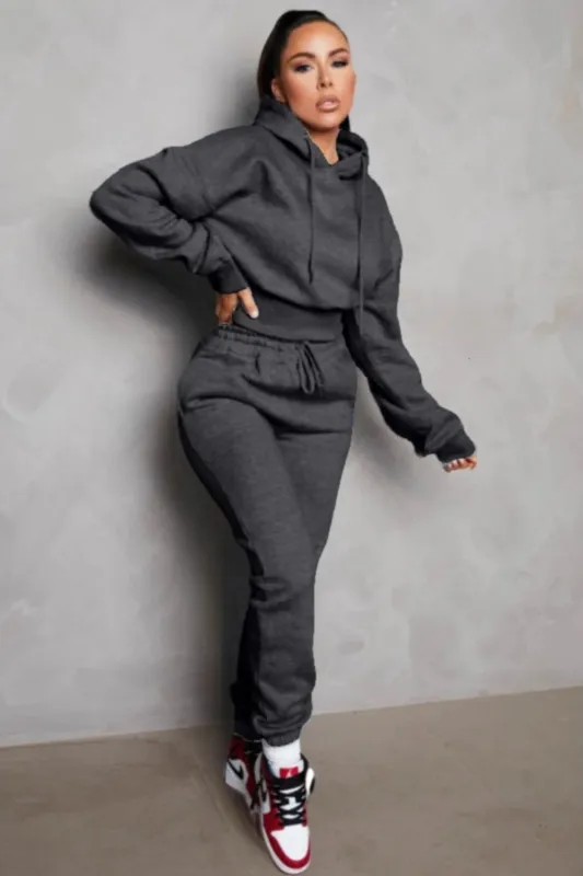 Charcoal Long Sleeve Cropped Fleece Hoodie & Cuffed Joggers Loungewear Set - Layla sold by Femme Luxe