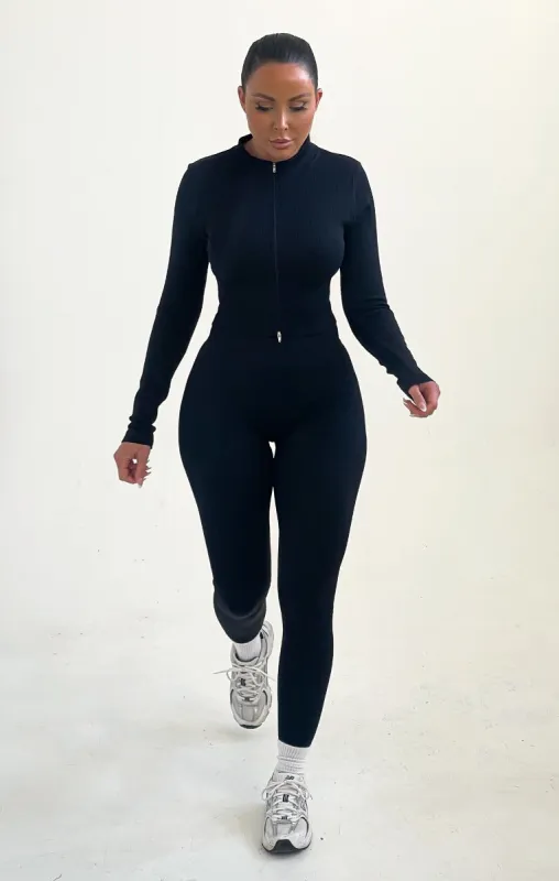 Black Ribbed Zip Up Long Sleeve Top And Leggings Activewear Set - Itza sold by Femme Luxe