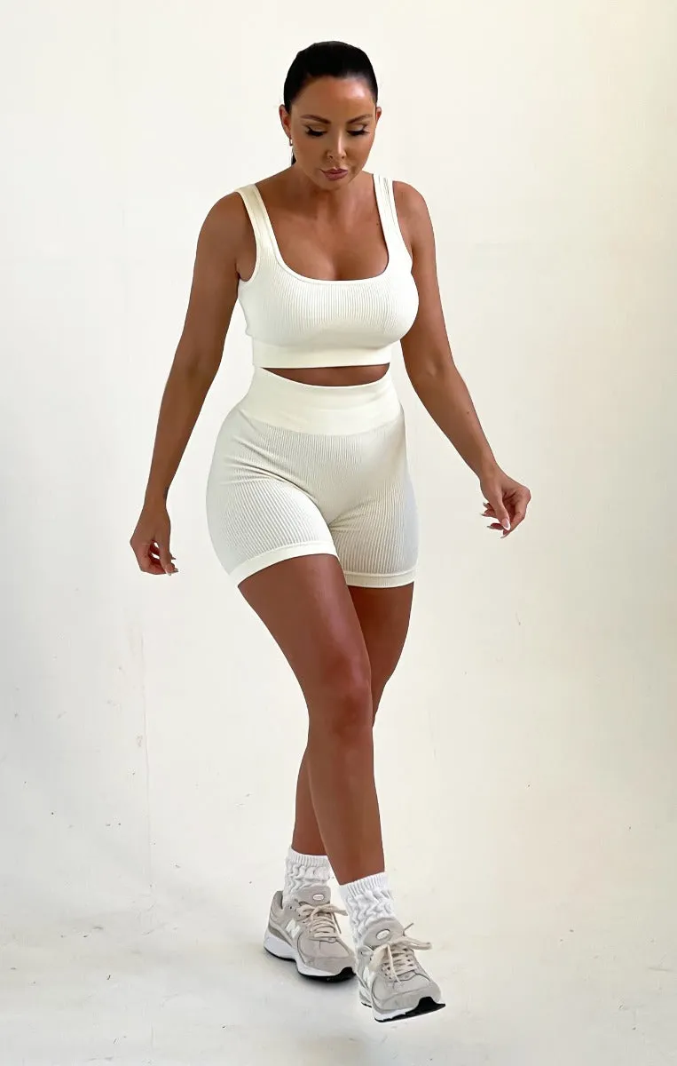 Cream High Waisted Strappy Top And Ribbed Shorts Activewear Set - Liliana sold by Femme Luxe product image thumbnail 3