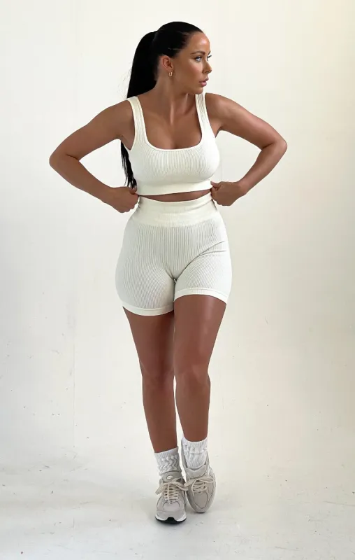 Cream High Waisted Strappy Top And Ribbed Shorts Activewear Set - Liliana made by Femme Luxe