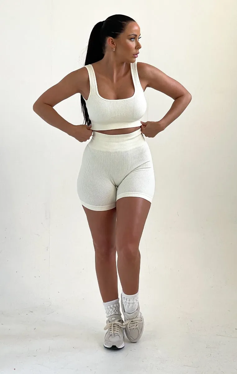 Cream High Waisted Strappy Top And Ribbed Shorts Activewear Set - Liliana sold by Femme Luxe