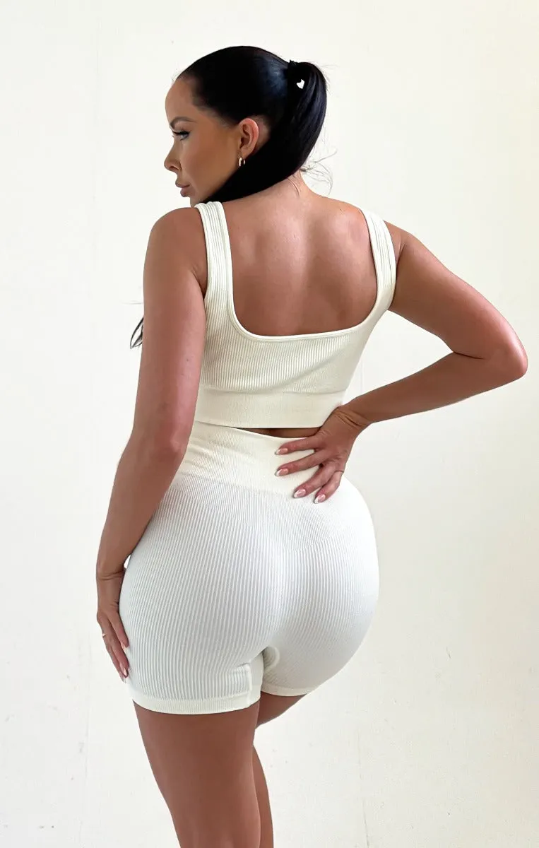 Cream High Waisted Strappy Top And Ribbed Shorts Activewear Set - Liliana sold by Femme Luxe product image thumbnail 4