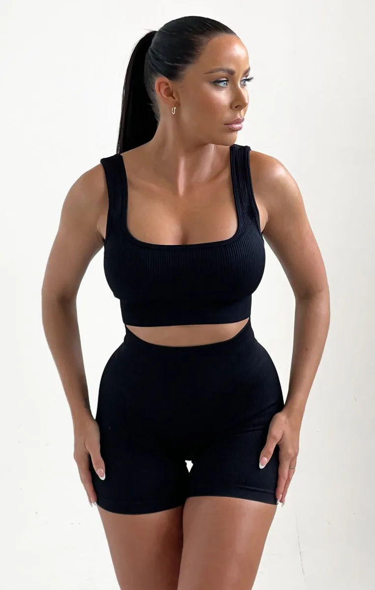 Black High Waisted Strappy Top And Ribbed Shorts Activewear Set - Liliana sold by Femme Luxe product image thumbnail 2