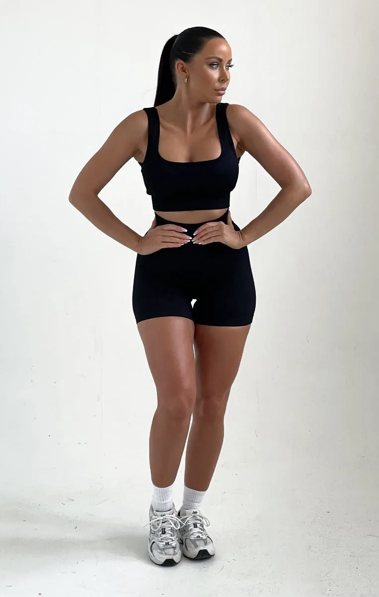 Black High Waisted Strappy Top And Ribbed Shorts Activewear Set - Liliana sold by Femme Luxe product image thumbnail 4
