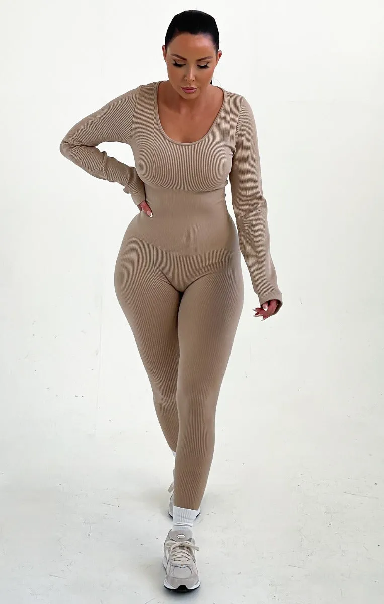 Stone Ribbed Long Sleeve Fitted Jumpsuit - Amara sold by Femme Luxe product image thumbnail 2