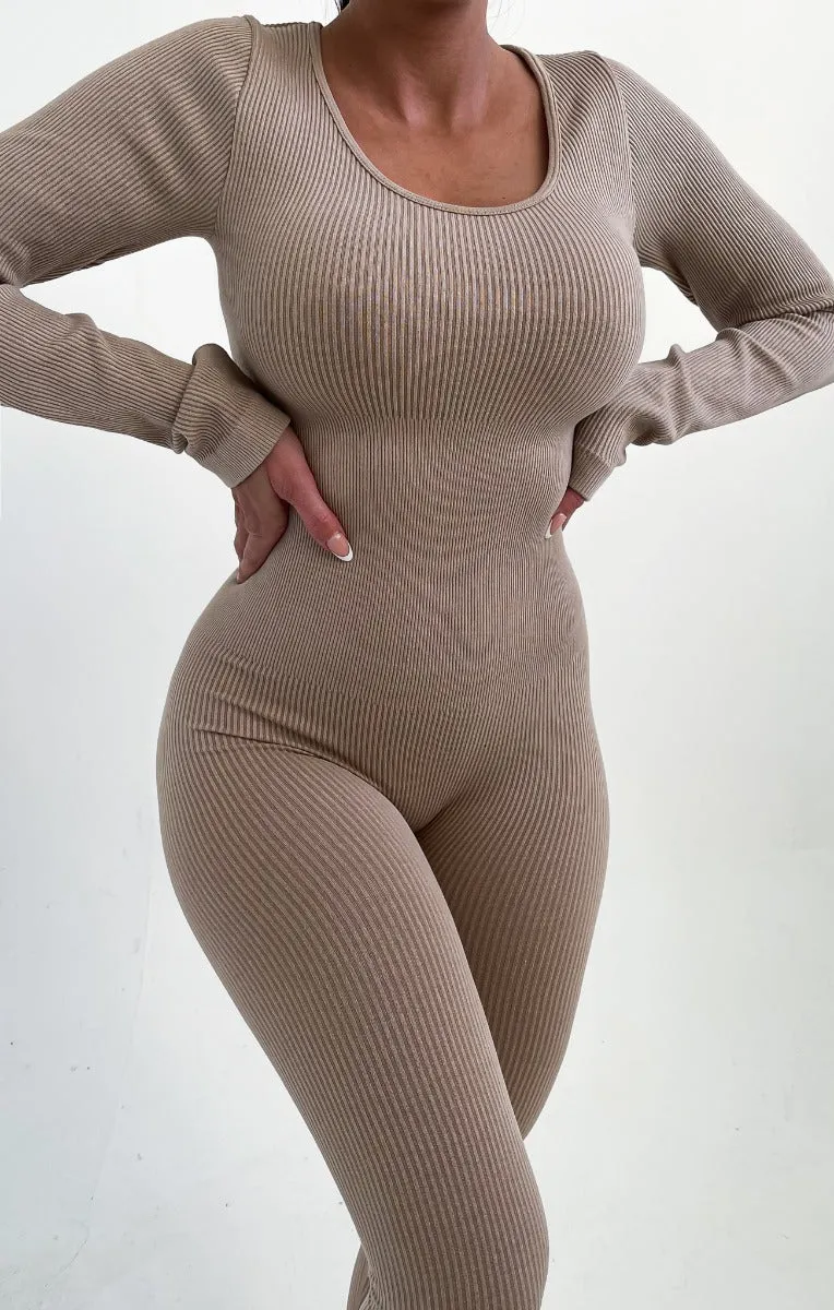 Stone Ribbed Long Sleeve Fitted Jumpsuit - Amara sold by Femme Luxe product image thumbnail 5