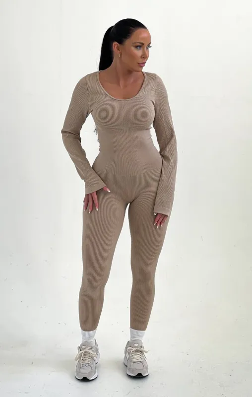Stone Ribbed Long Sleeve Fitted Jumpsuit - Amara sold by Femme Luxe