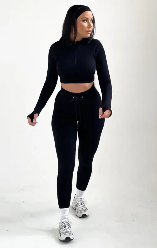 Black Ribbed Long Sleeve Quarter Zip Top And Drawstring Leggings Set - Rosetta sold by Femme Luxe