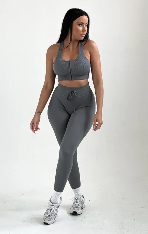 Grey Strappy High Waisted Zip Up Activewear Set - Alessia sold by Femme Luxe