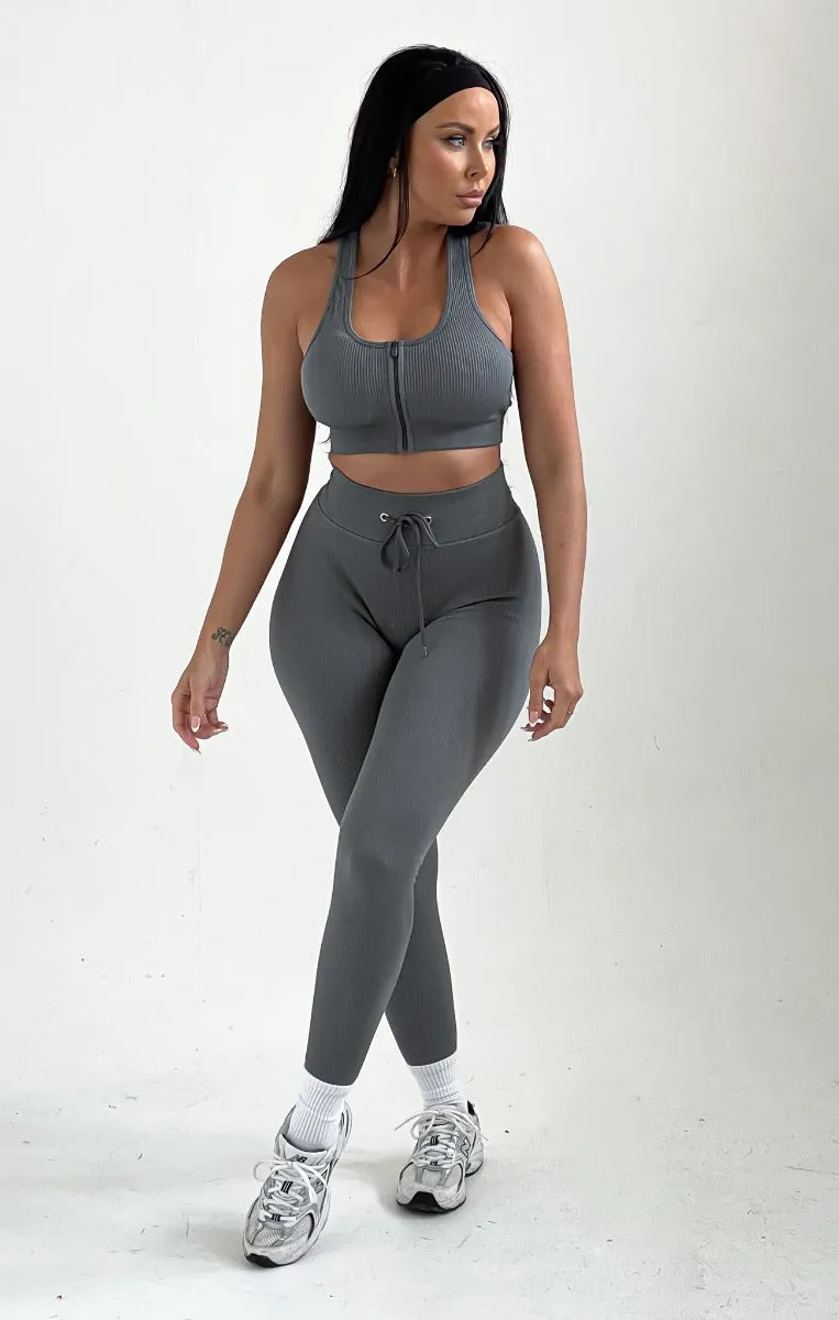 Grey Strappy High Waisted Zip Up Activewear Set - Alessia sold by Femme Luxe