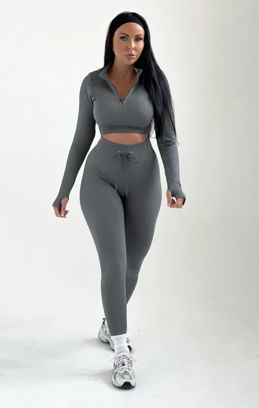 Grey Ribbed Long Sleeve Quarter Zip Top And Drawstring Leggings Set - Rosetta sold by Femme Luxe