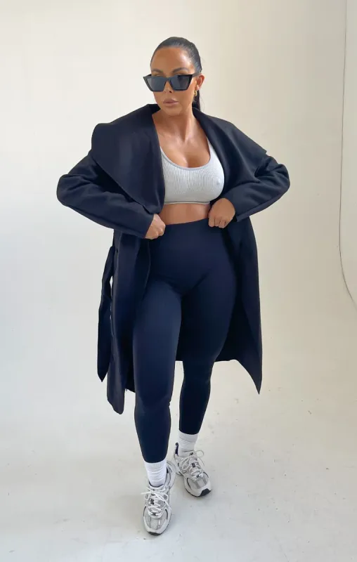 Black Waterfall Duster Belted Long Coat - Guinevere sold by Femme Luxe