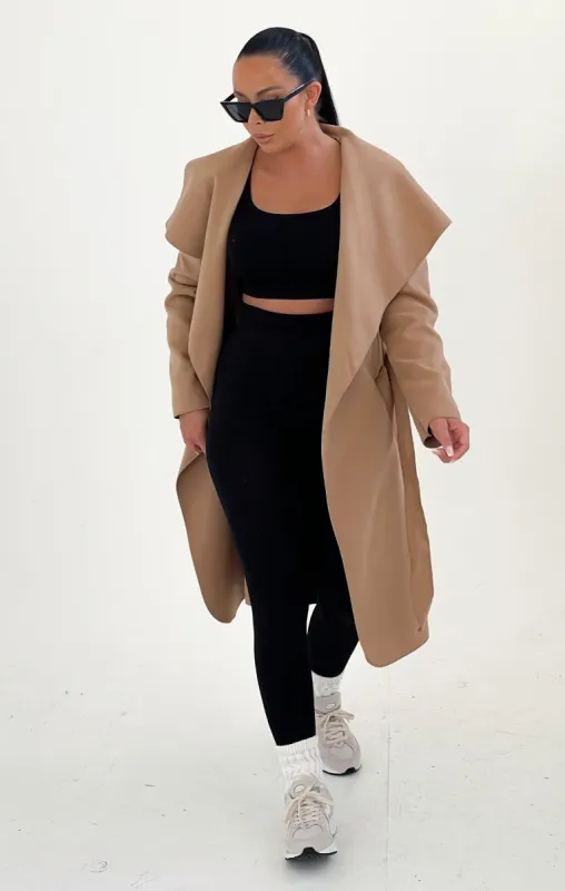 Camel Waterfall Duster Belted Long Coat - Guinevere sold by Femme Luxe