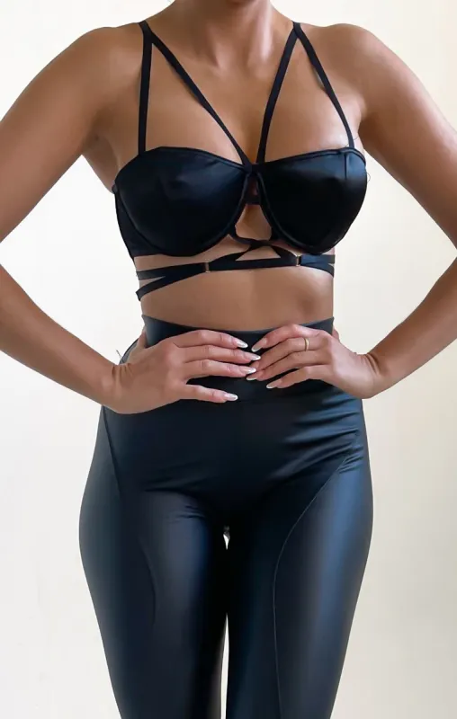 Black Satin Cup Detail Strappy Cross Over Bralette Top - Mavise sold by Femme Luxe
