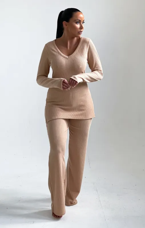 Nude Ribbed V Neck Long Sleeve Loungewear Set - Trisha sold by Femme Luxe