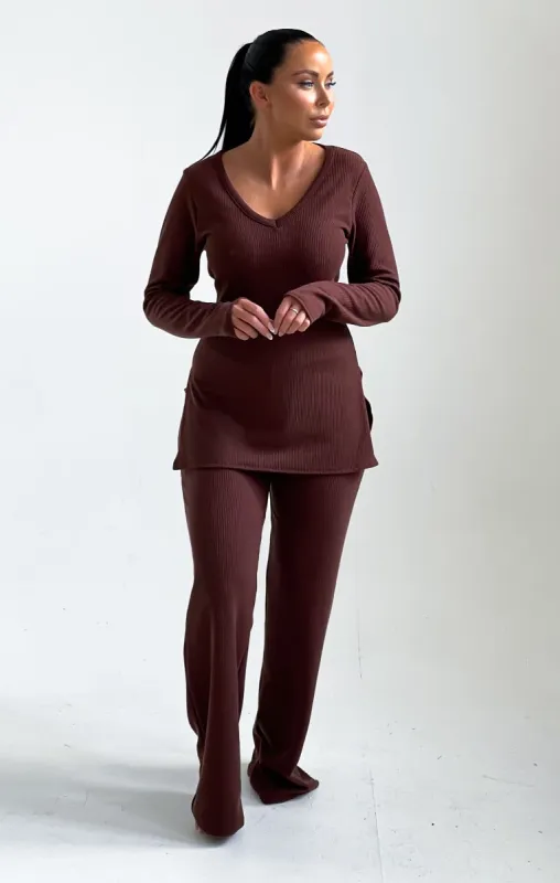 Chocolate Ribbed V Neck Long Sleeve Loungewear Set - Trisha sold by Femme Luxe