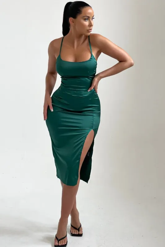 Emerald Satin Side Split Midi Dress - Daphne sold by Femme Luxe