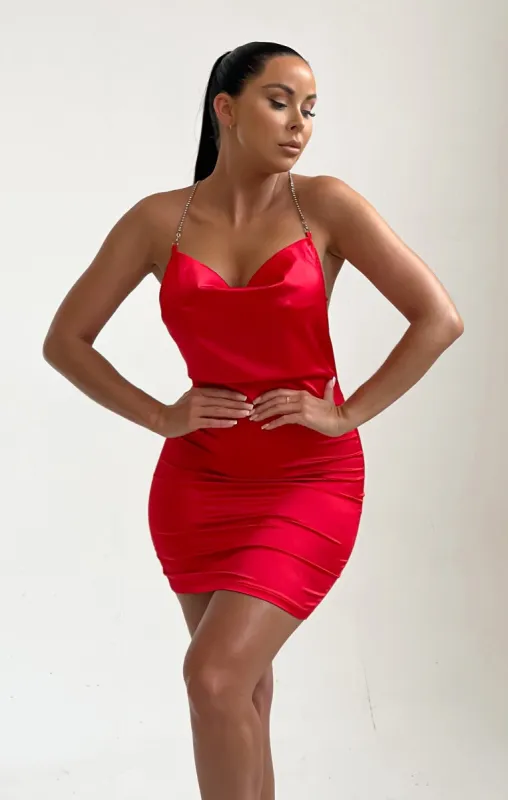 Red Satin Cross Over Back Diamante Mini Dress - Eva sold by Femme Luxe
