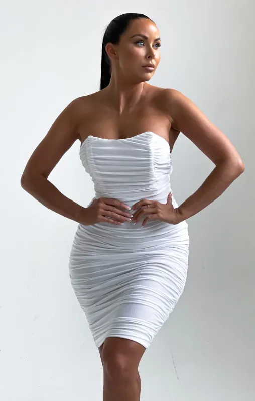 Cream Ruched Mesh Bandeau Bodycon Midi Dress - Eda sold by Femme Luxe