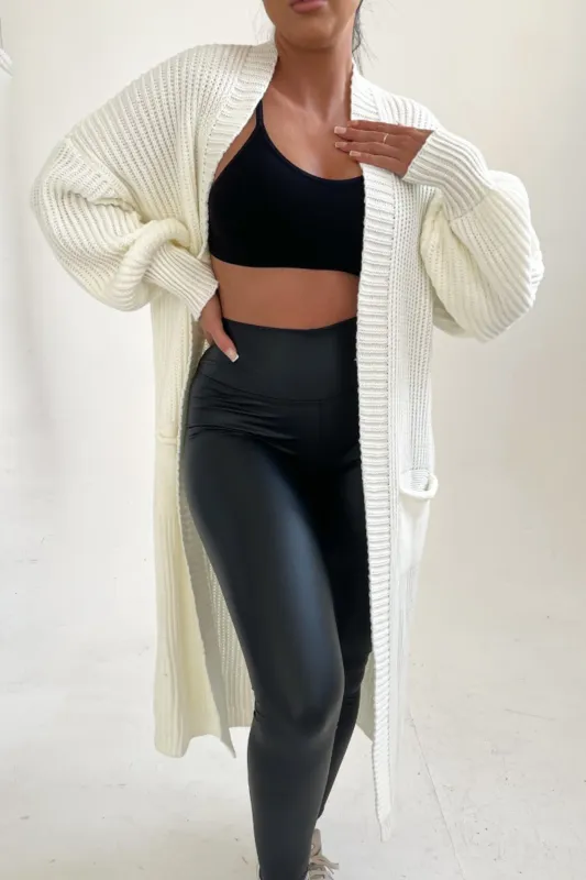 Cream Knitted Long Sleeve Pocket Detail Ribbed Cardigan - Leanne sold by Femme Luxe