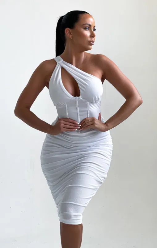 White One Shoulder Cut Out Ruched Midi Dress - Bria sold by Femme Luxe