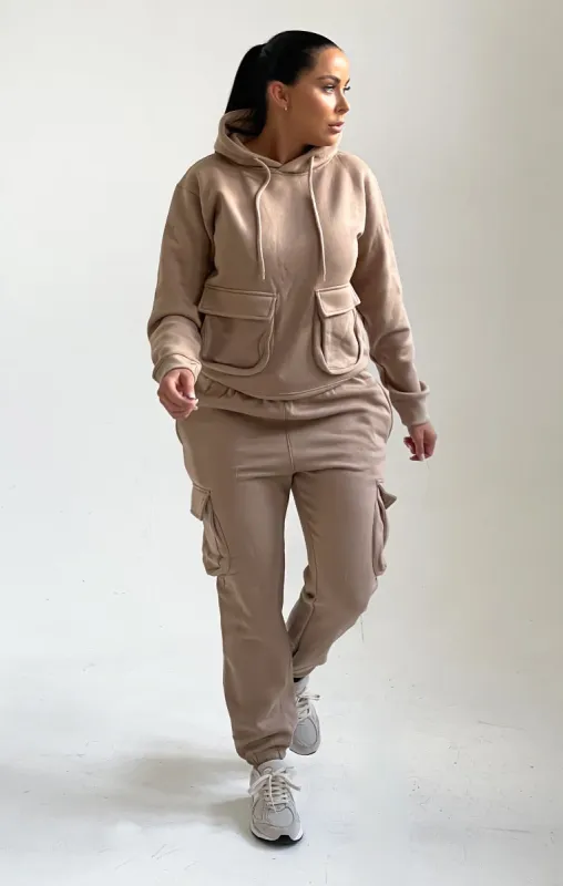 Camel Double Pocket Drawstring Hoodie And Cuffed Joggers Loungewear Set - Callie sold by Femme Luxe
