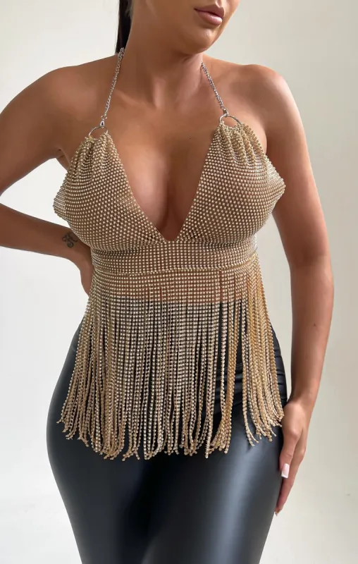 Gold Halter Neck Open Back Chain Mail Tassel Top - Dani sold by Femme Luxe