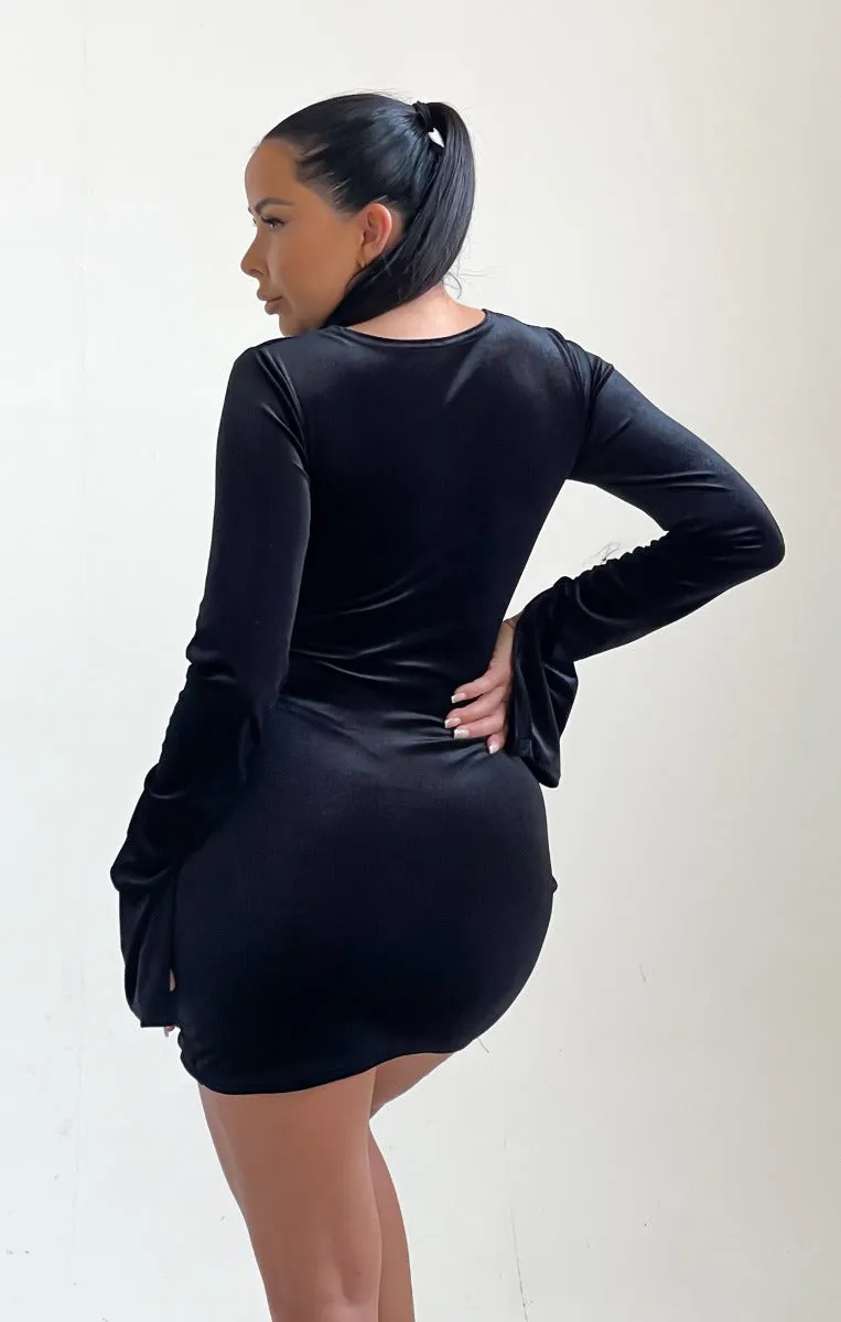 Black Velvet Twisted Cut Out Flared Sleeve Mini Dress - Jocelyn sold by Femme Luxe product image thumbnail 3