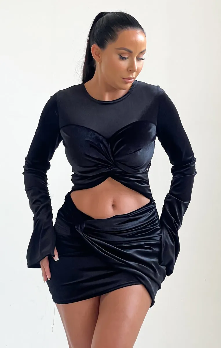 Black Velvet Twisted Cut Out Flared Sleeve Mini Dress - Jocelyn sold by Femme Luxe product image thumbnail 4