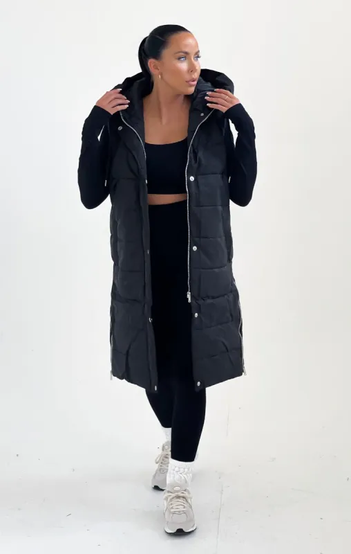 Black Hooded Longline Zip Detail Padded Gilet - Hannah made by Femme Luxe