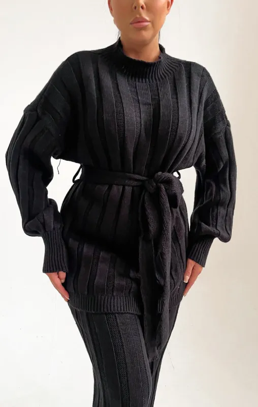 Black High Neck Belted Knit Loungewear Set - Alliyah sold by Femme Luxe