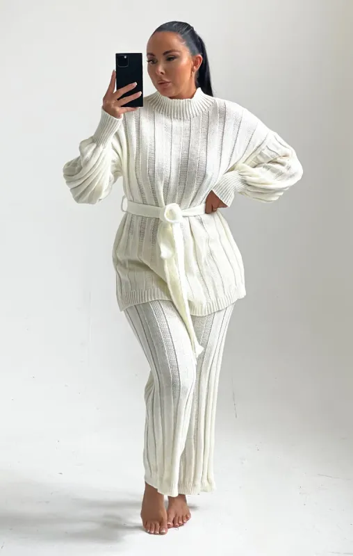 Cream High Neck Belted Knit Loungewear Set - Alliyah sold by Femme Luxe