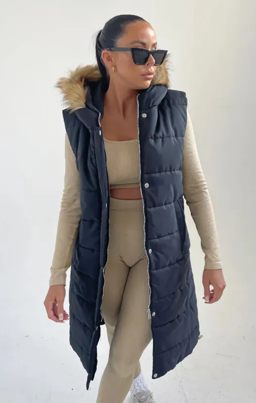 Black Faux Fur Hooded Longline Padded Gilet - Sandita sold by Femme Luxe