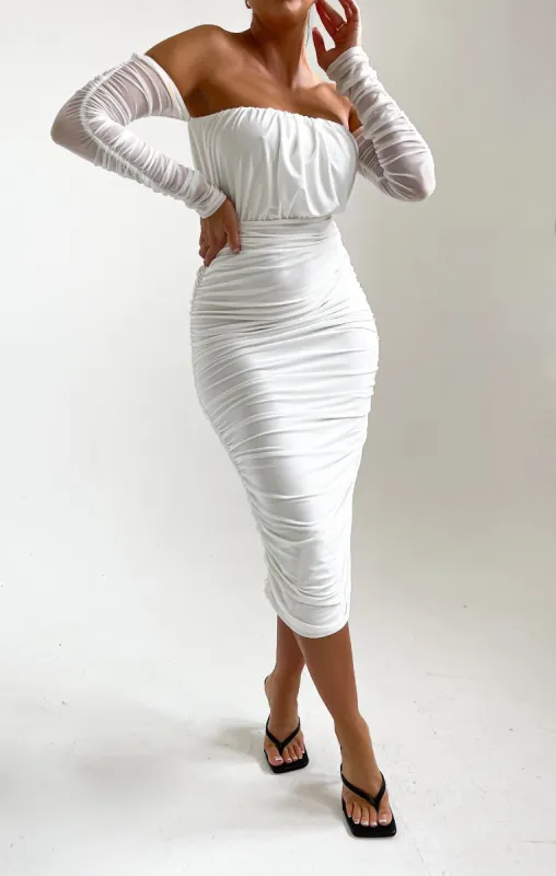 White Slinky Off The Shoulder Ruched Long Sleeve Midi Dress - Mae sold by Femme Luxe