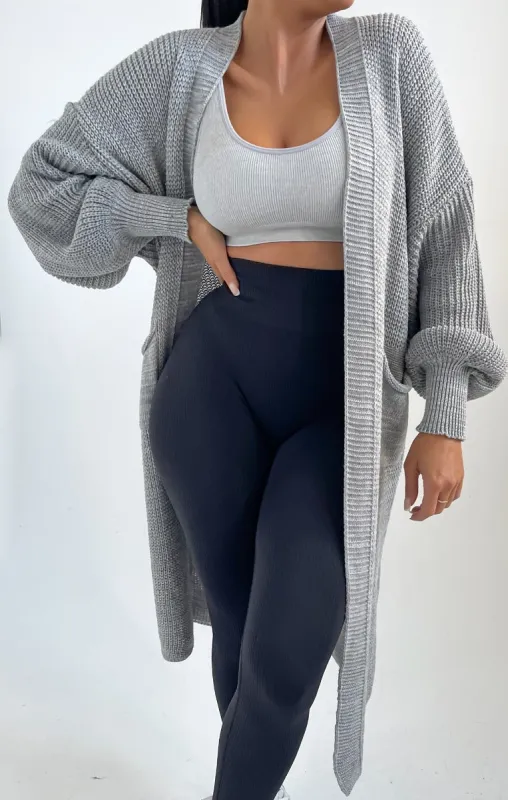 Light Grey Knitted Long Sleeve Midi Cardigan - Georgia made by Femme Luxe