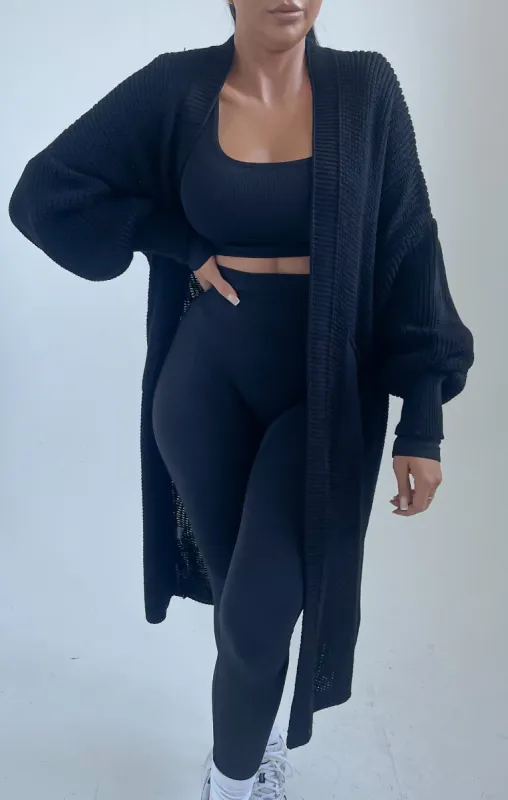 Black Knitted Long Sleeve Midi Cardigan - Georgia sold by Femme Luxe