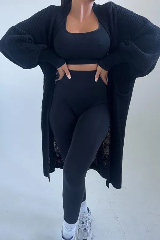 Black Knitted Long Sleeve Pocket Detail Ribbed Cardigan - Leanne made by Femme Luxe