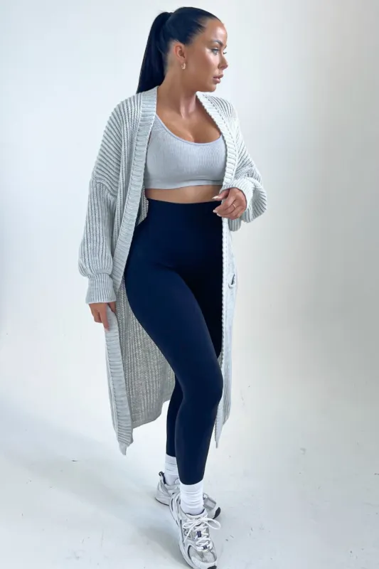 Grey Knitted Long Sleeve Pocket Detail Ribbed Cardigan - Leanne sold by Femme Luxe